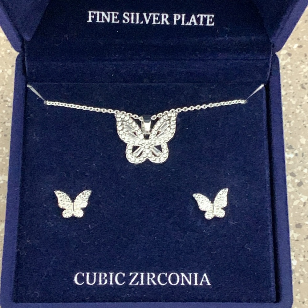 Danecraft fine silver plate cz butterfly necklace/earring set